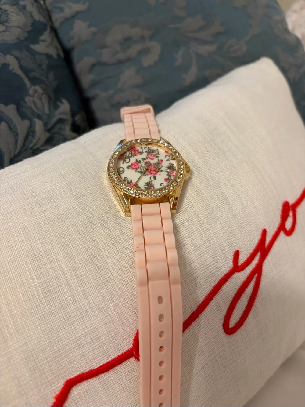 Women's Pink Floral Dial Gold Accent Watch